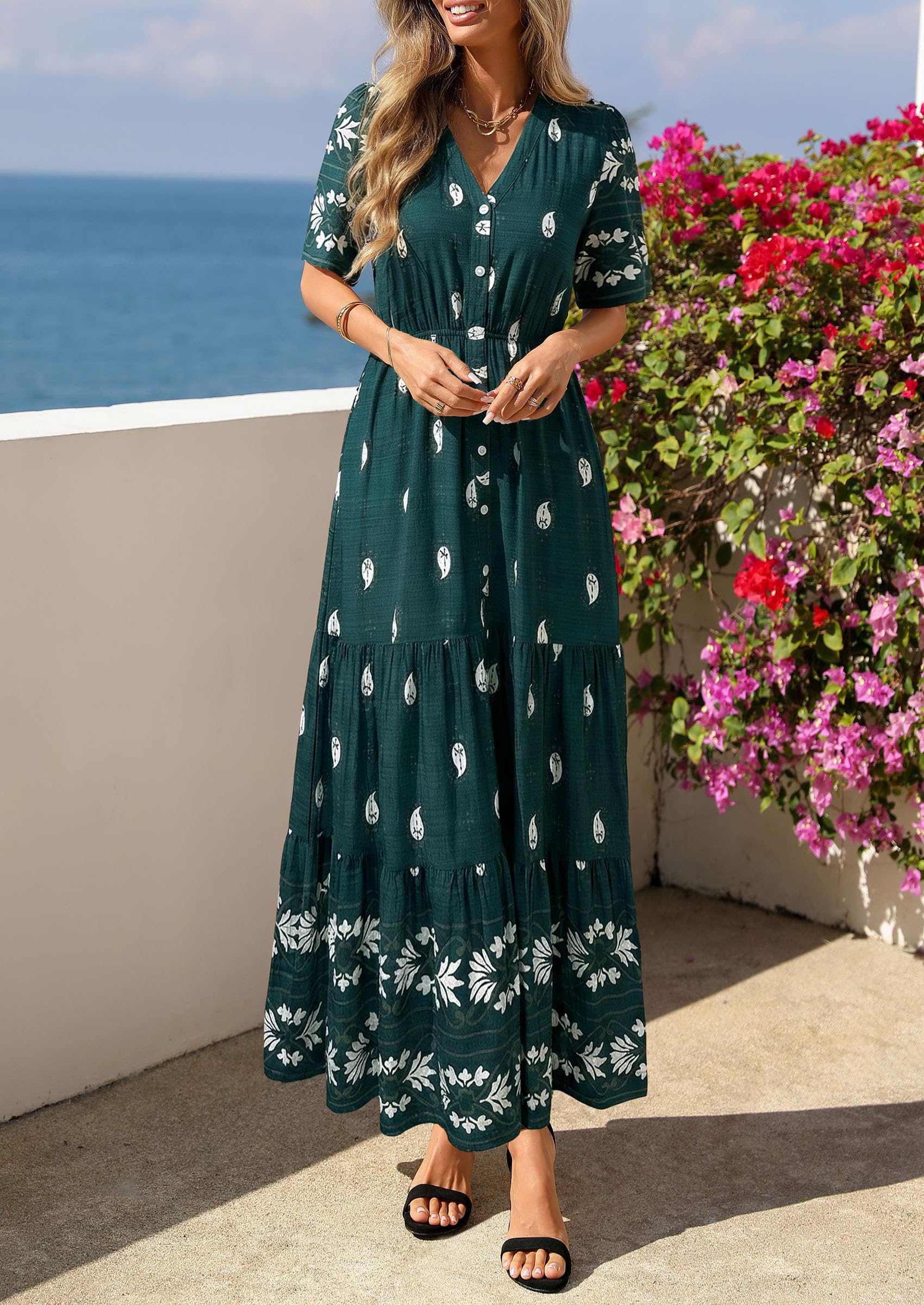 PRETTYGARDEN Womens Summer Boho Maxi Dress Trendy Short Sleeve V Neck Flowy Beach Floral Dresses with Pockets PRETTYGARDEN