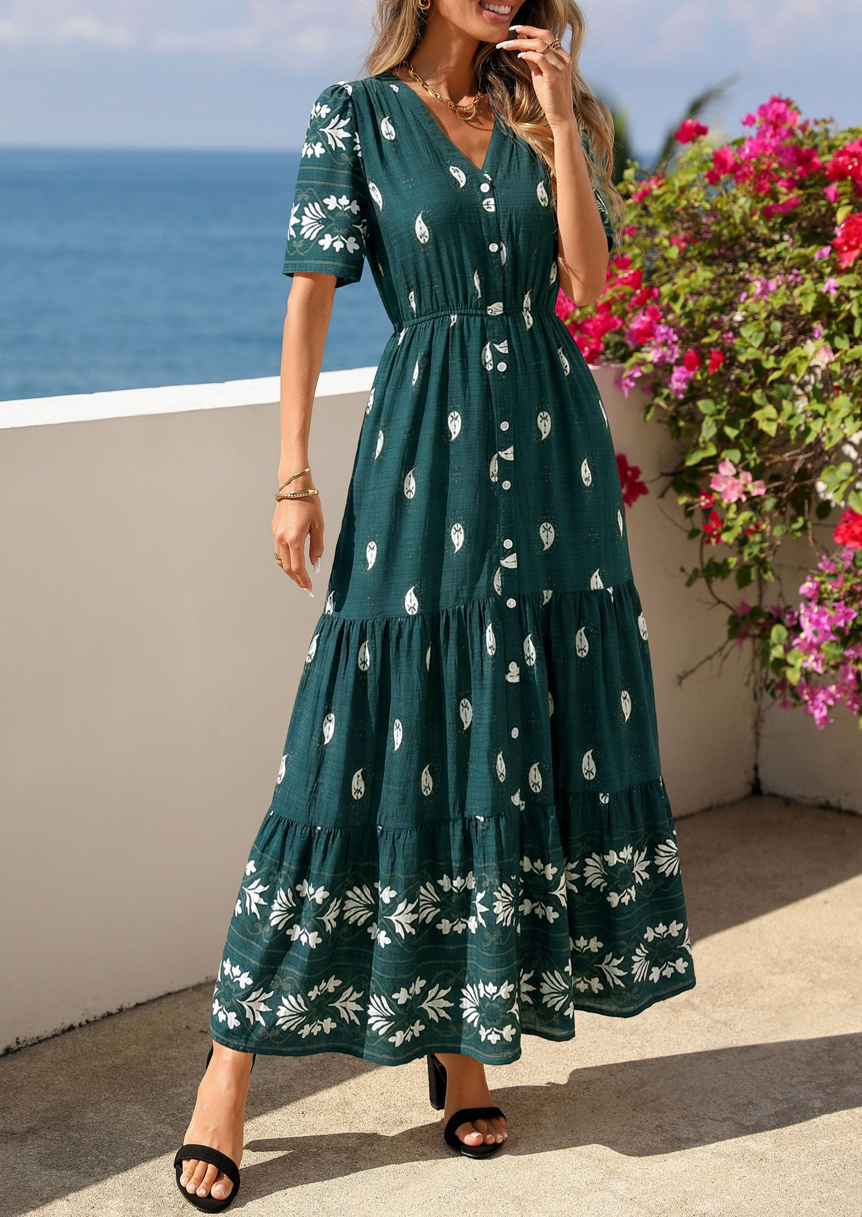 PRETTYGARDEN Womens Summer Boho Maxi Dress Trendy Short Sleeve V Neck Flowy Beach Floral Dresses with Pockets PRETTYGARDEN