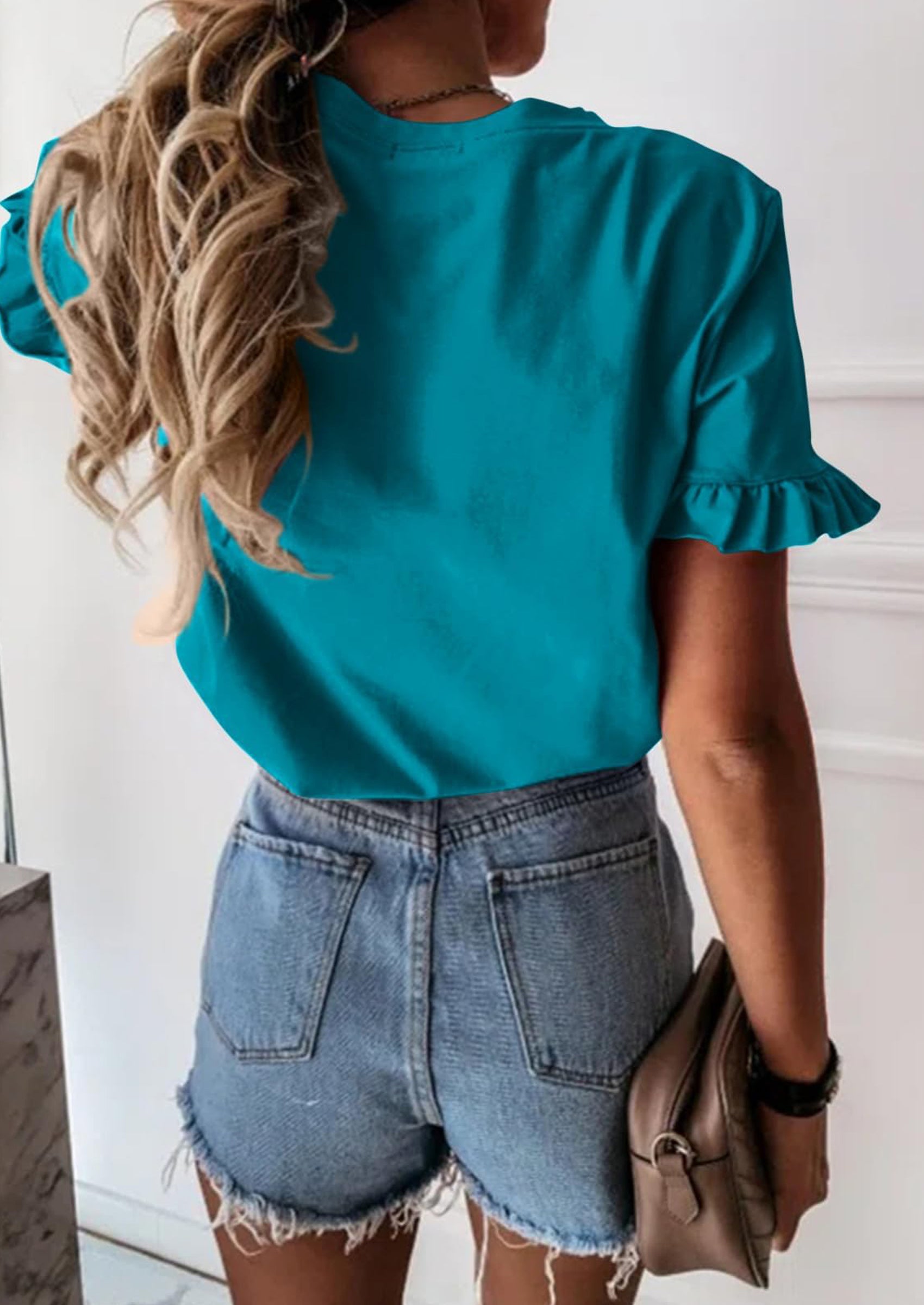 PRETTYGARDEN Women's Short Sleeve Casual T Shirts Summer Ruffle Plain Round Neck Loose Fit Tee Blouse Tops