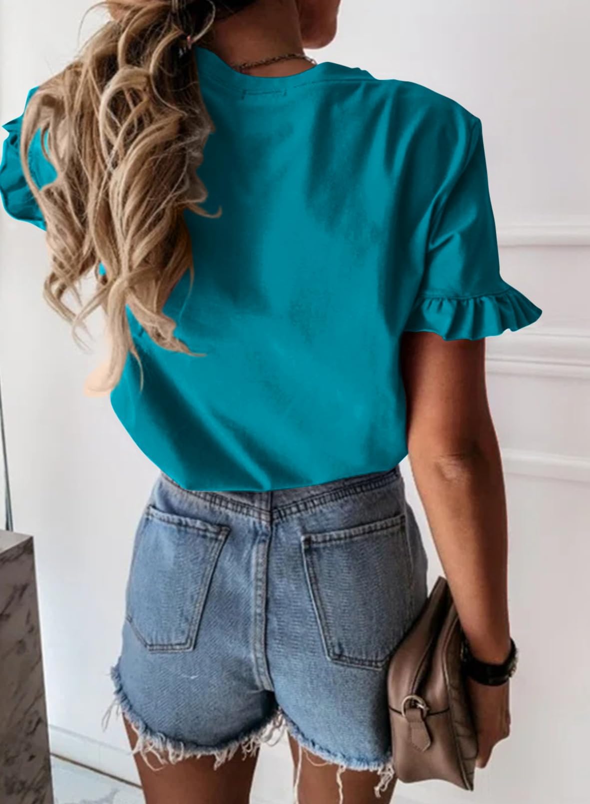 PRETTYGARDEN Women's Short Sleeve Casual T Shirts Summer Ruffle Plain Round Neck Loose Fit Tee Blouse Tops PRETTYGARDEN