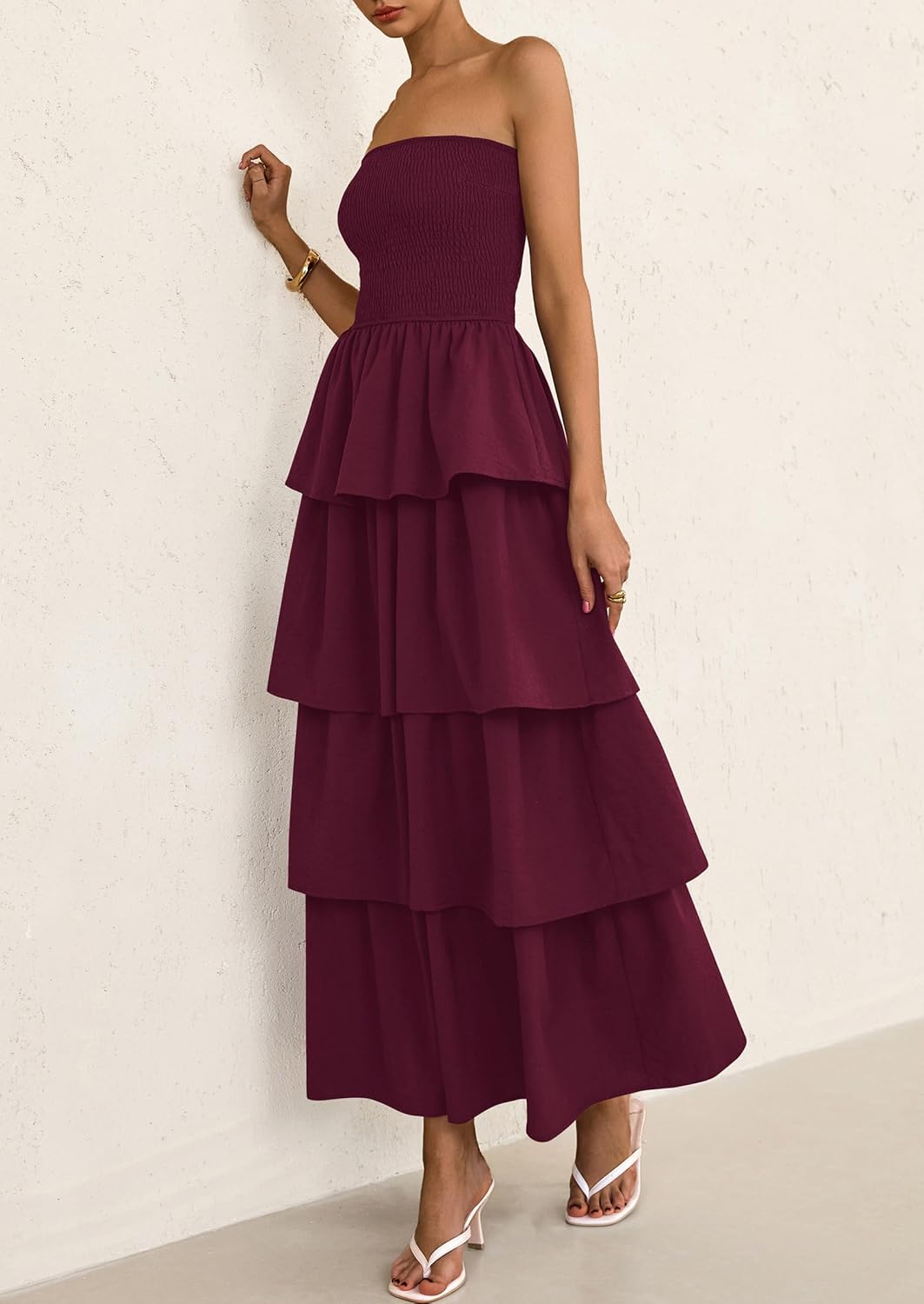 PRETTYGARDEN Maxi Dresses for Women Off Shoulder Smocked Tiered Ruffle Long Flowy Wedding Guest Dress