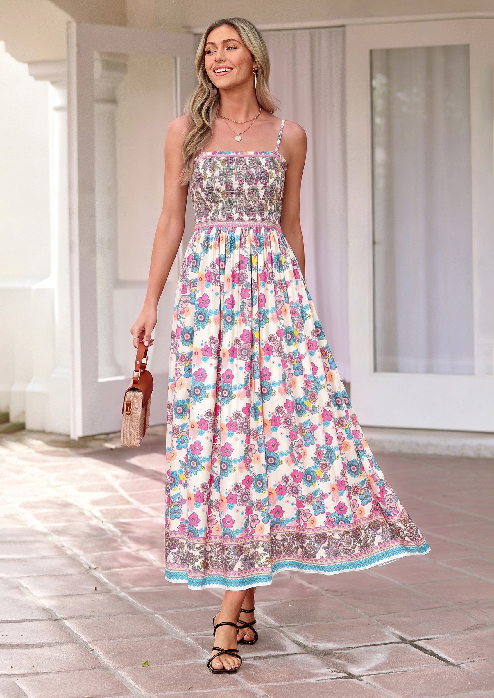 PRETTYGARDEN Womens Floral Maxi Dress Boho Casual Summer Spaghetti Strap Smocked Sleeveless Flowy Beach Vacation Dresses