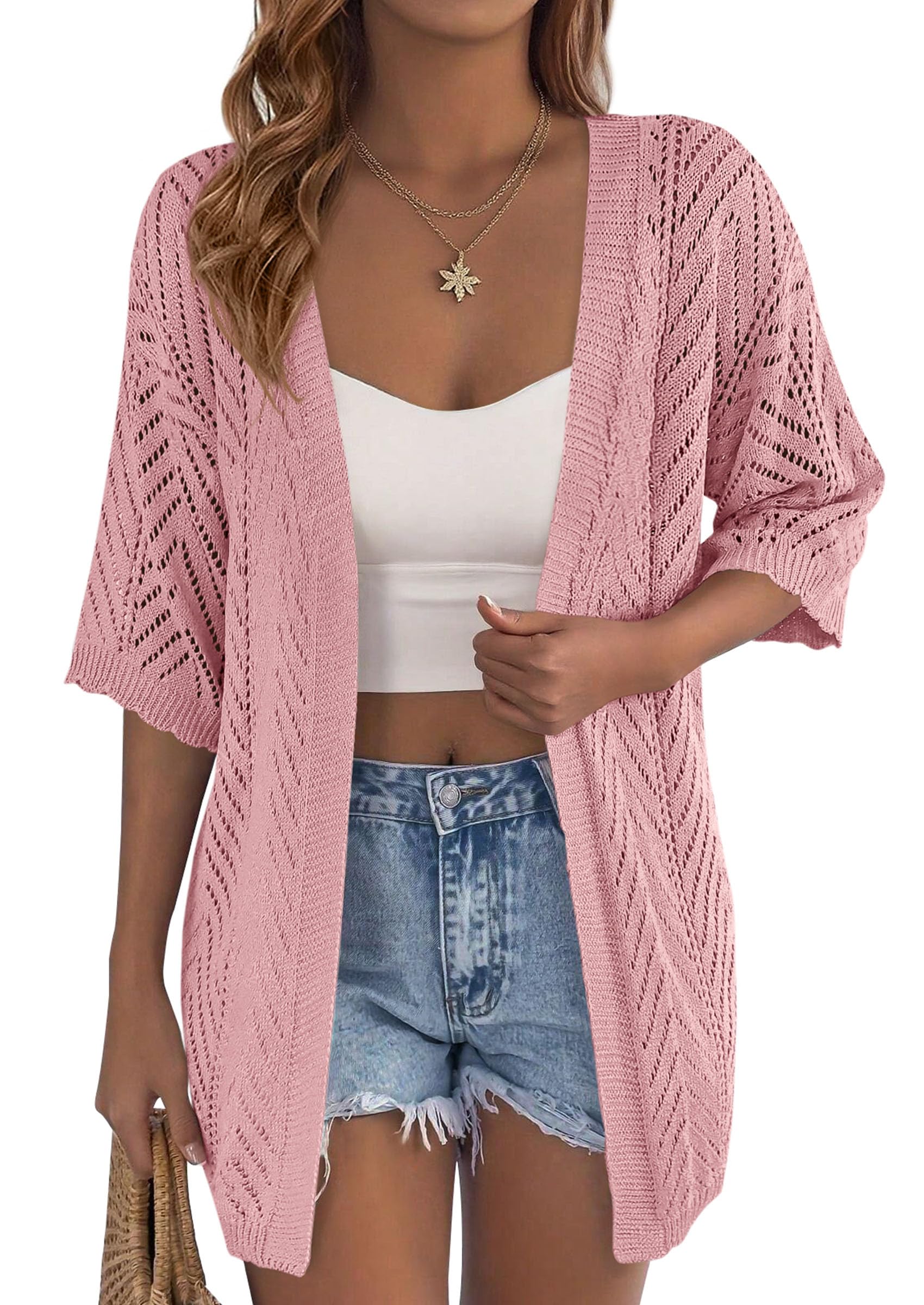 PRETTYGARDEN Summer Cardigan Sweaters for Women Lightweight  Short Sleeve Knit Coverup Spring Beach Vacation Clothes PRETTYGARDEN