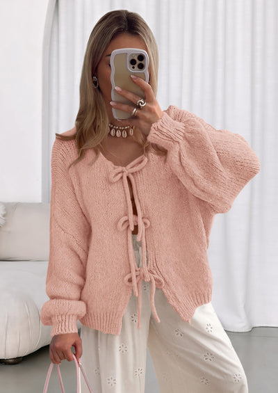 PRETTYGARDEN Women's Tie Front Bow Cardigan Sweaters Chunky Knit Long Puff Sleeve Trendy Fall Winter Jacket Coats