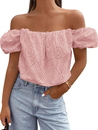 PRETTYGARDEN Women's Summer Off The Shoulder Tops Dressy Casual Puff Short Sleeve Embroidered Eyelet Cute Blouse Shirts PRETTYGARDEN