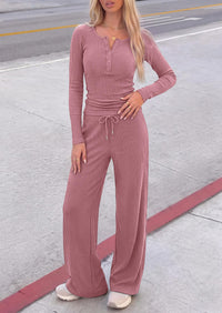 PRETTYGARDEN Two Piece Lounge Sets for Women Fall Fashion,Long Sleeve Henley,High Waisted Wide Leg Pants,Matching Holiday Vacation,Airport Travel Outfits