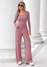 PRETTYGARDEN Two Piece Lounge Sets for Women Fall Fashion,Long Sleeve Henley,High Waisted Wide Leg Pants,Matching Holiday Vacation,Airport Travel Outfits