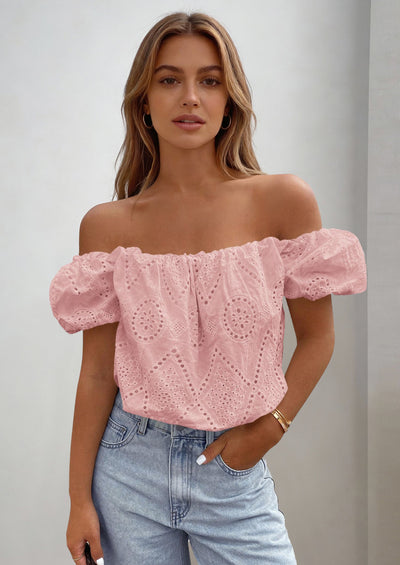 PRETTYGARDEN Women's Summer Off The Shoulder Tops Dressy Casual Puff Short Sleeve Embroidered Eyelet Cute Blouse Shirts PRETTYGARDEN