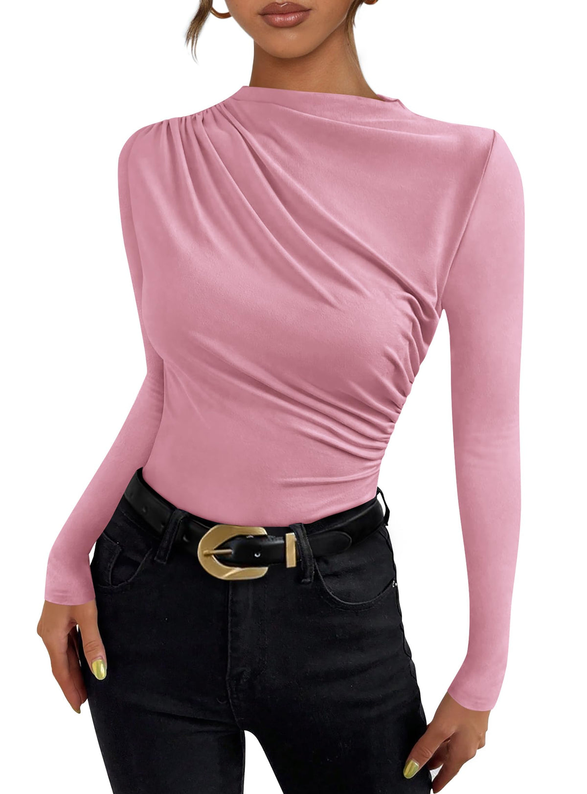 Womens Y2K Going Out Crop Tops Long Sleeve Mock Neck Ruched Slim Fitted Basic Trendy Casual Blouse