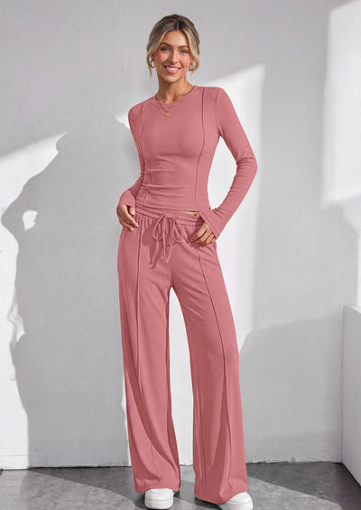 PRETTYGARDEN Womens 2 Piece Sets Long Sleeve Outfits  Soft Ribbed Knit, Loose Wide Leg Fit, Crop Top Drawstring High Waist Pants Set, Casual Lounge Travel, Matching Fall Clothes