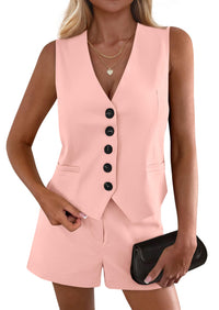 PRETTYGARDEN 2 Piece Sets for Women Spring Fashion Button Vest Tops High Waist Shorts Summer Business Casual Outfits PRETTYGARDEN