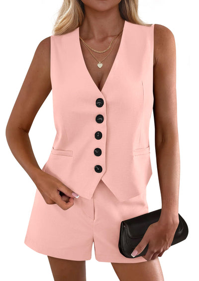 PRETTYGARDEN 2 Piece Sets for Women Spring Fashion Button Vest Tops High Waist Shorts Summer Business Casual Outfits PRETTYGARDEN