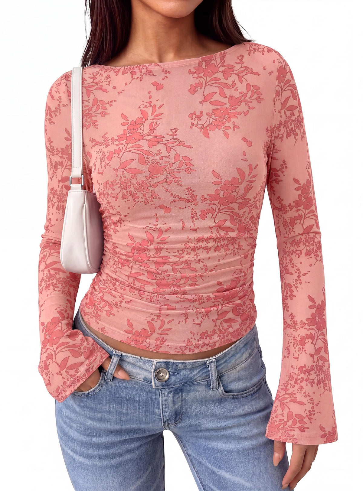 PRETTYGARDEN Women's Bell Sleeve Floral Mesh Crop Tops | Slim Fitted Shirts, Long Sleeve Going Out Top, Ruched Front, Boat Neck, Casual Blouses, Fall Date Night Outfits, Y2K Clothes