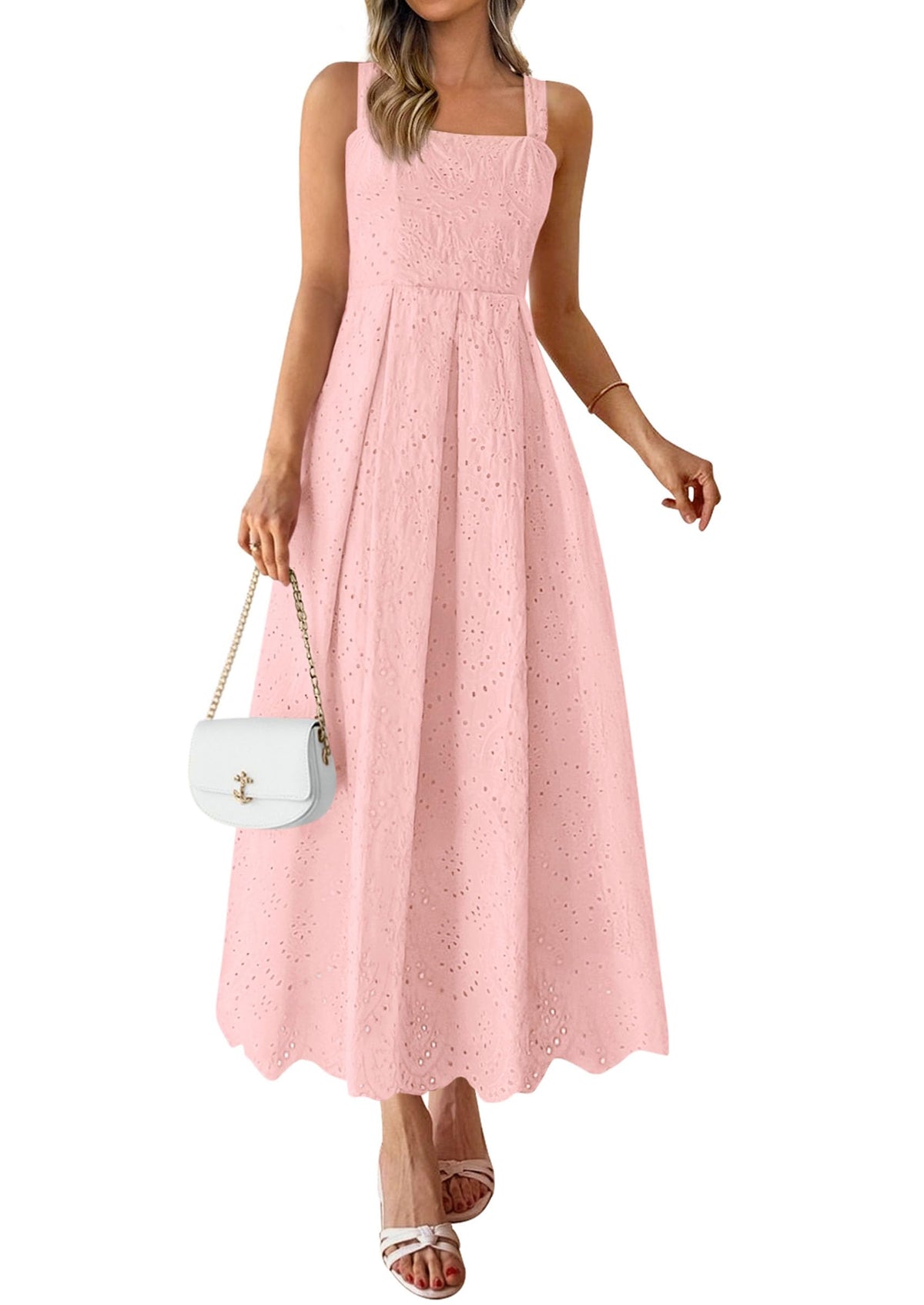 PRETTYGARDEN Womens Sleeveless Maxi Summer Dresses Hollow Out Eyelet Square Neck Ruffle Flowy Beach Vacation Sundress PRETTYGARDEN