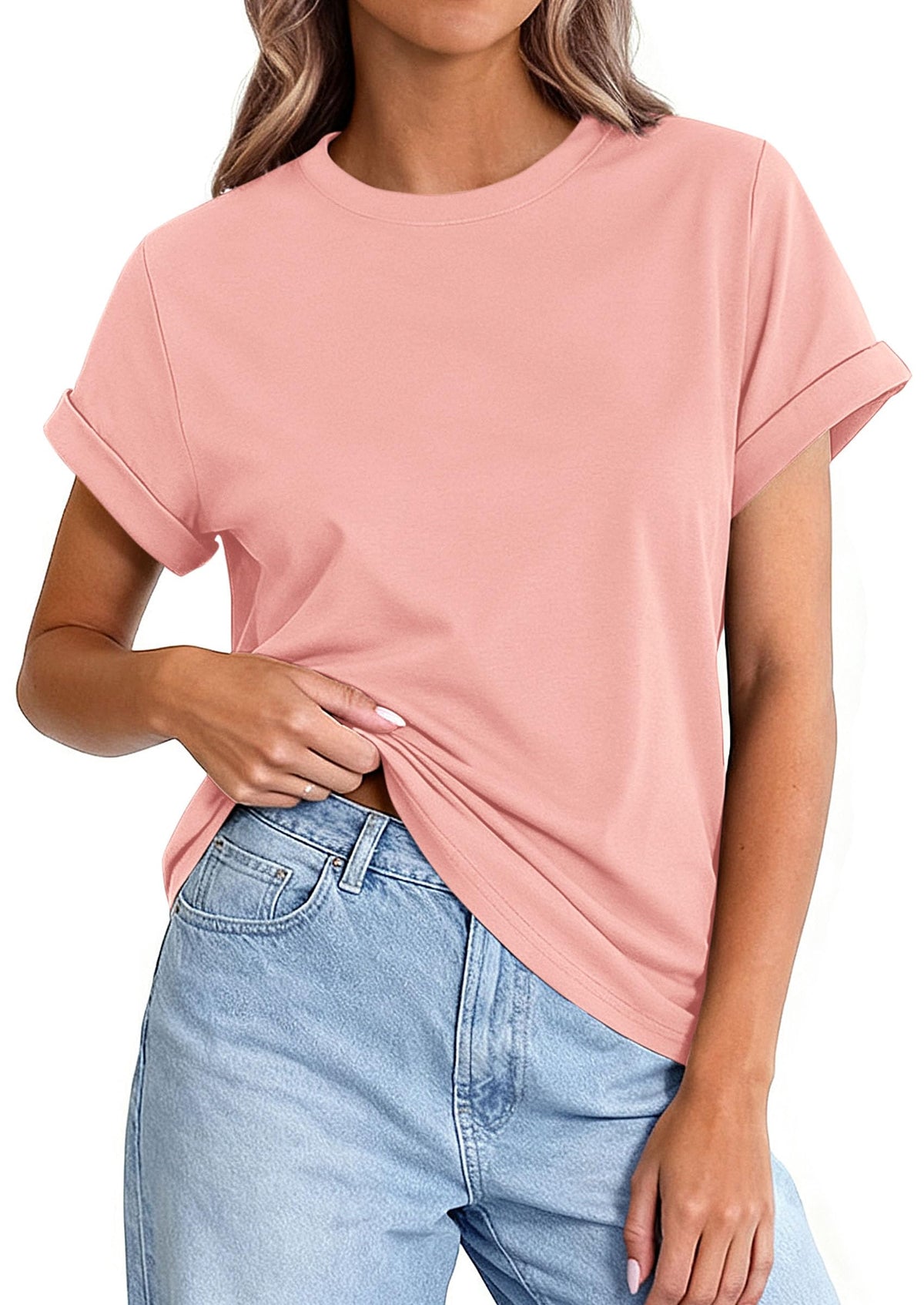 PRETTYGARDEN Womens Summer Tops Spring Casual Rolled Short Sleeve Basic Tees Crew Neck Work Shirts Fashion Clothing PRETTYGARDEN