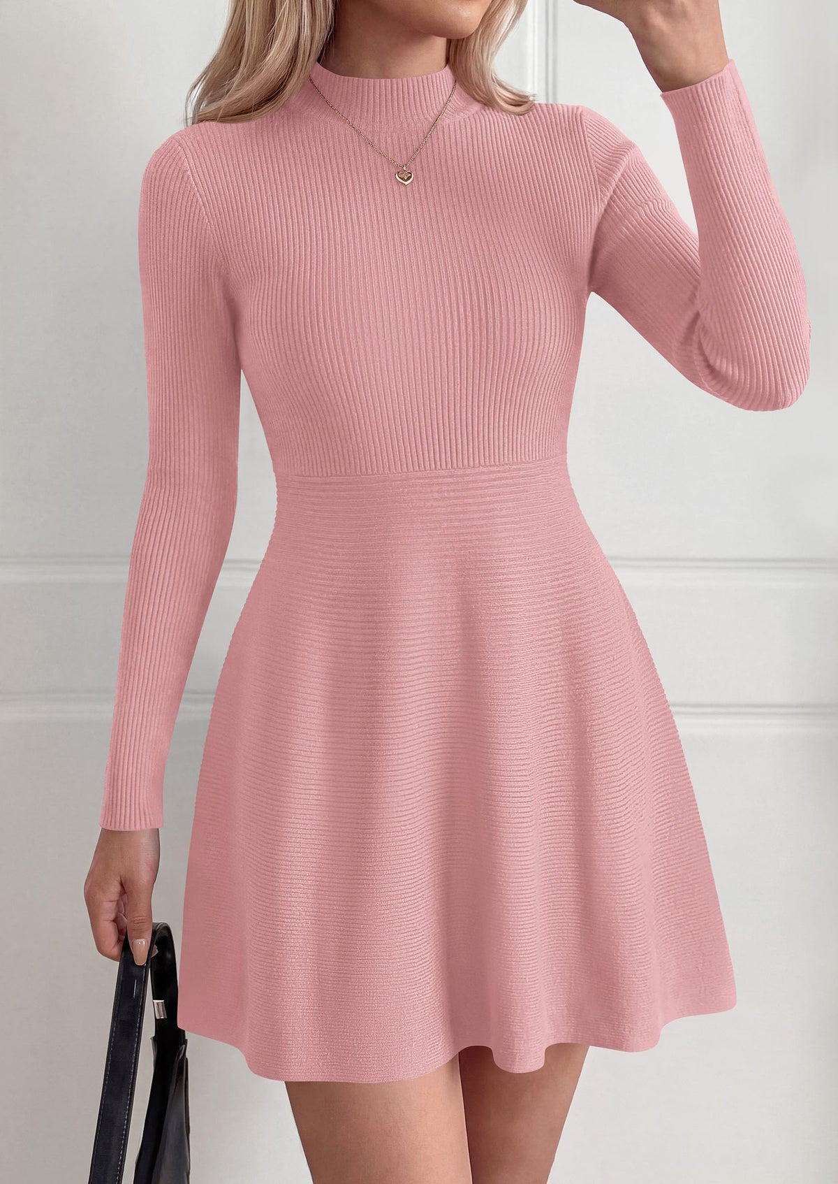 PRETTYGARDEN Womens Mock Neck Long Sleeve Sweater Mini Dress | Soft Ribbed Knit Flared A‑Line, Elegant Fall Winter Dresses for Wedding Guest, Cocktail & Holiday Party Casual Outfits