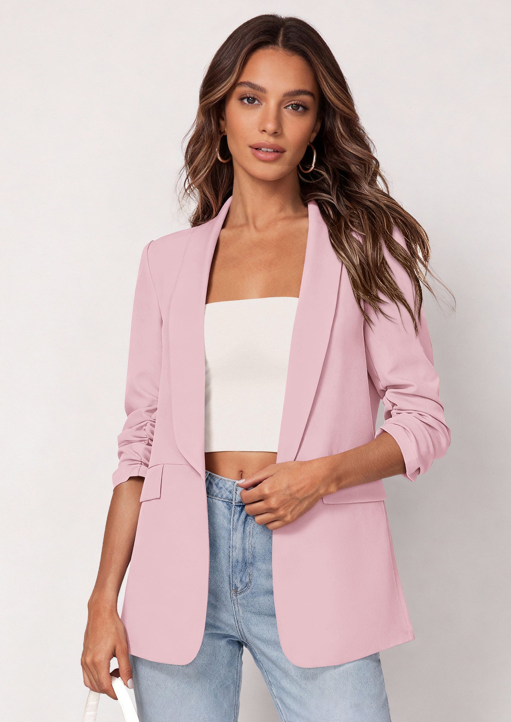 PRETTYGARDEN Women's Spring Blazers Business Casual Outfits Open Front Ruched 3/4 Sleeve Lightweight Work Suits Jackets PRETTYGARDEN