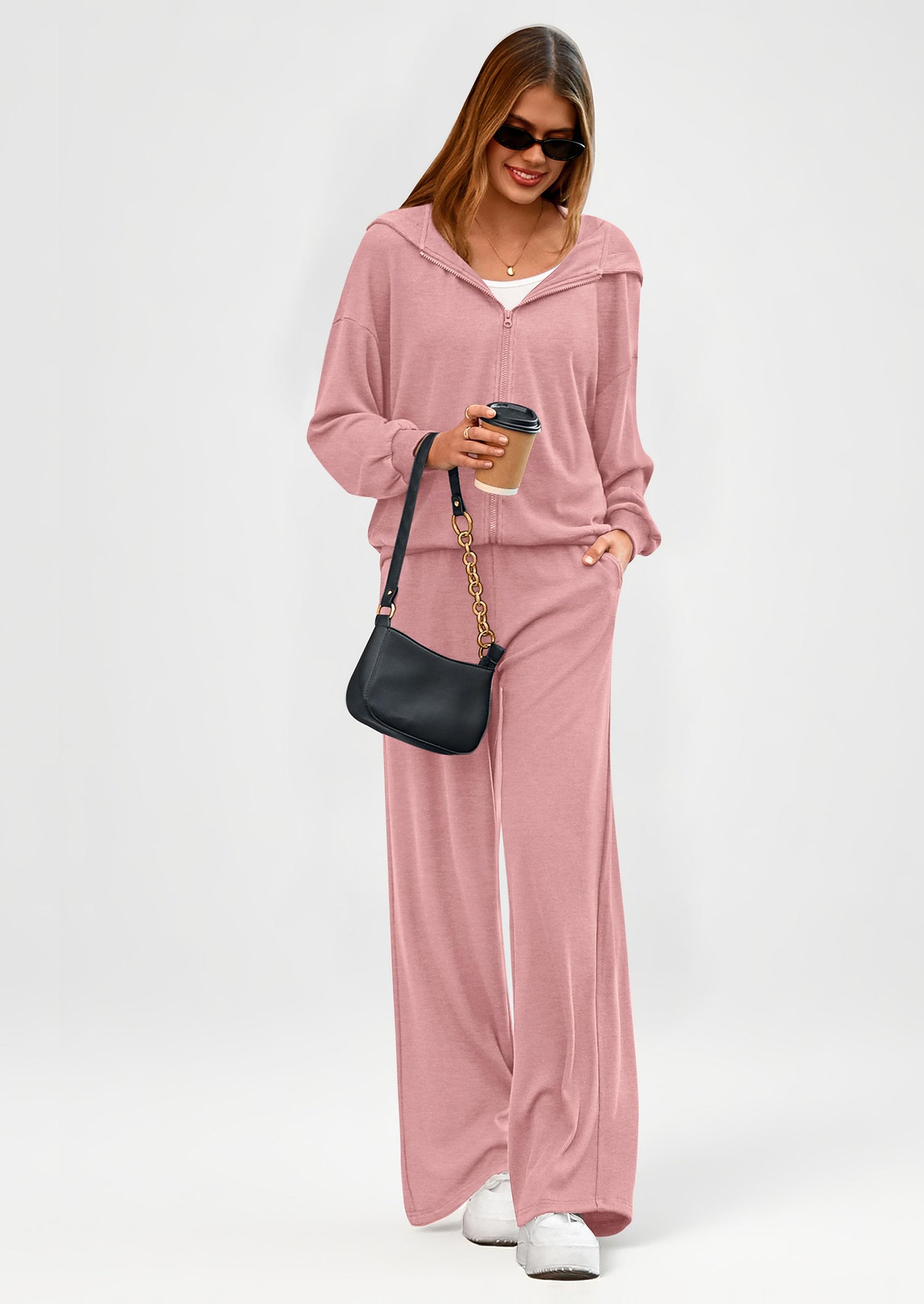 PRETTYGARDEN Women's 2 Piece Fall Lounge Sets Zip Up Hoodie Wide Leg Pants Tracksuit Matching Travel Outfits Clothes