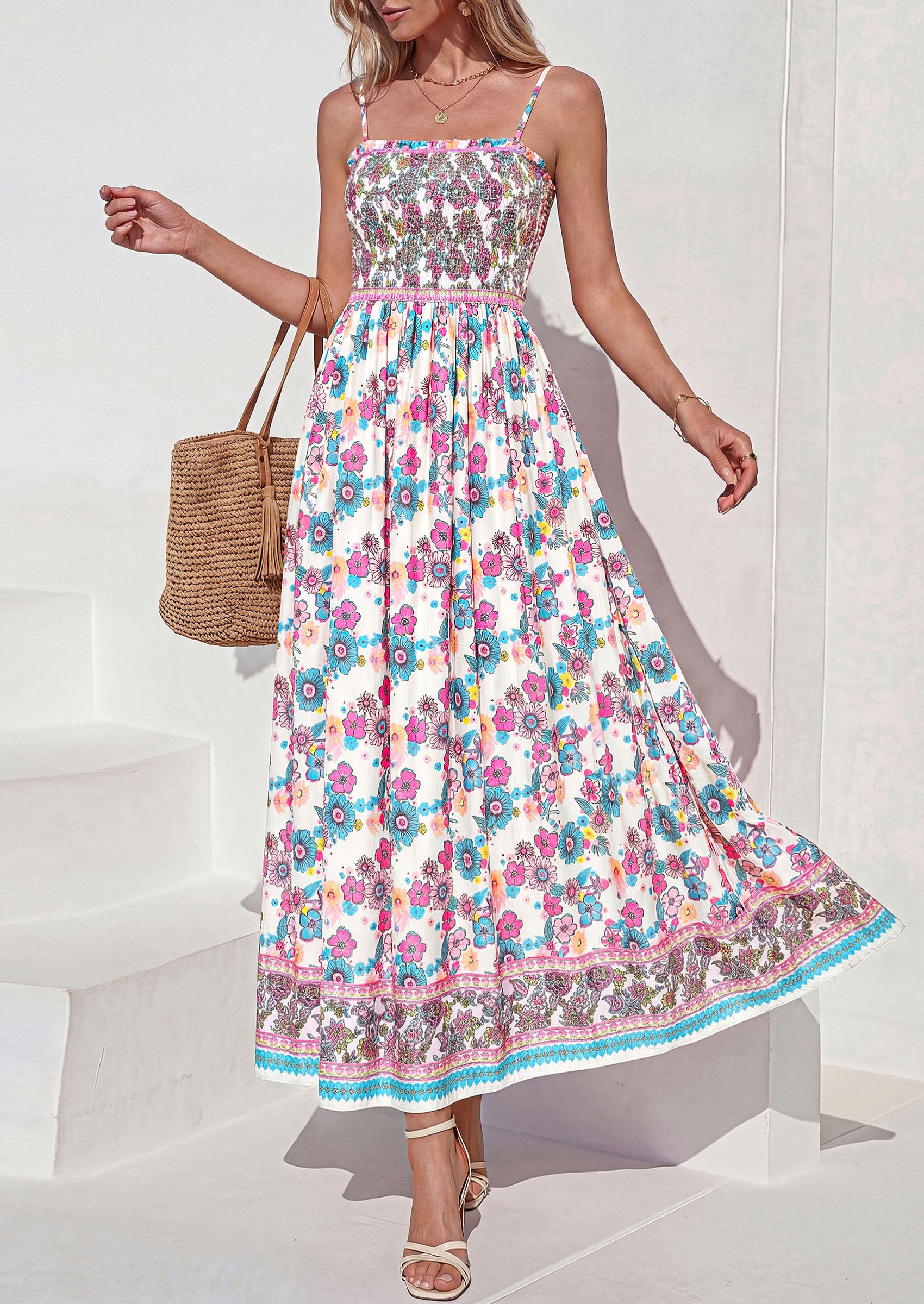 PRETTYGARDEN Womens Floral Maxi Dress Boho Casual Summer Spaghetti Strap Smocked Sleeveless Flowy Beach Vacation Dresses