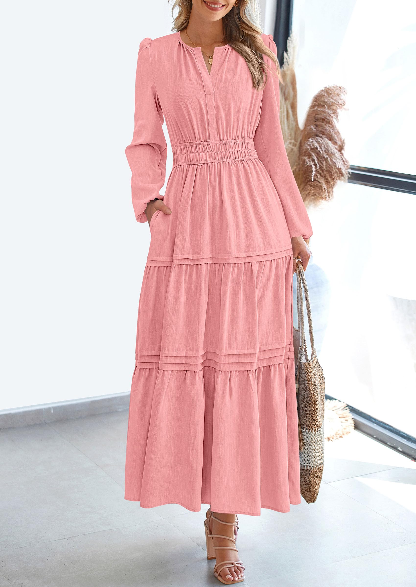 PRETTYGARDEN Women's Elegant Maxi Dresses Long Sleeve V Neck Flowy Pockets Casual Modest Dress Fall Fashion Clothes