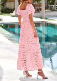 PRETTYGARDEN Dresses for Women Eyelet Square Neck Puff Sleeve Smocked Wedding Guest Maxi Dress with Pockets