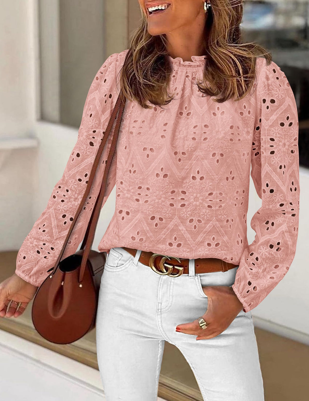 Womens Blouses Dressy Casual Embroidered Long Puff Sleeve Shirts Ruffle Eyelet Lace Top Fall Clothes