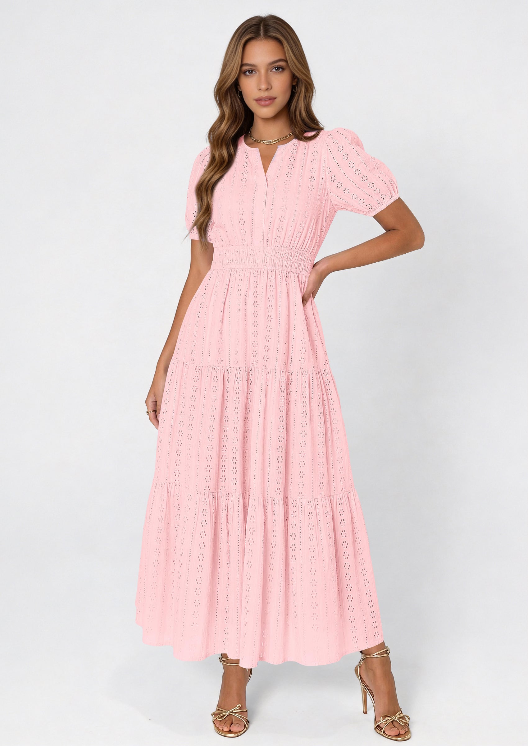 PRETTYGARDEN Womens Summer Maxi Dresses Casual Puff Sleeve V Neck Smocked Flowy Eyelet Cotton Dress Spring Sundress PRETTYGARDEN