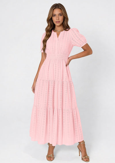 PRETTYGARDEN Womens Summer Maxi Dresses Casual Puff Sleeve V Neck Smocked Flowy Eyelet Cotton Dress Spring Sundress PRETTYGARDEN