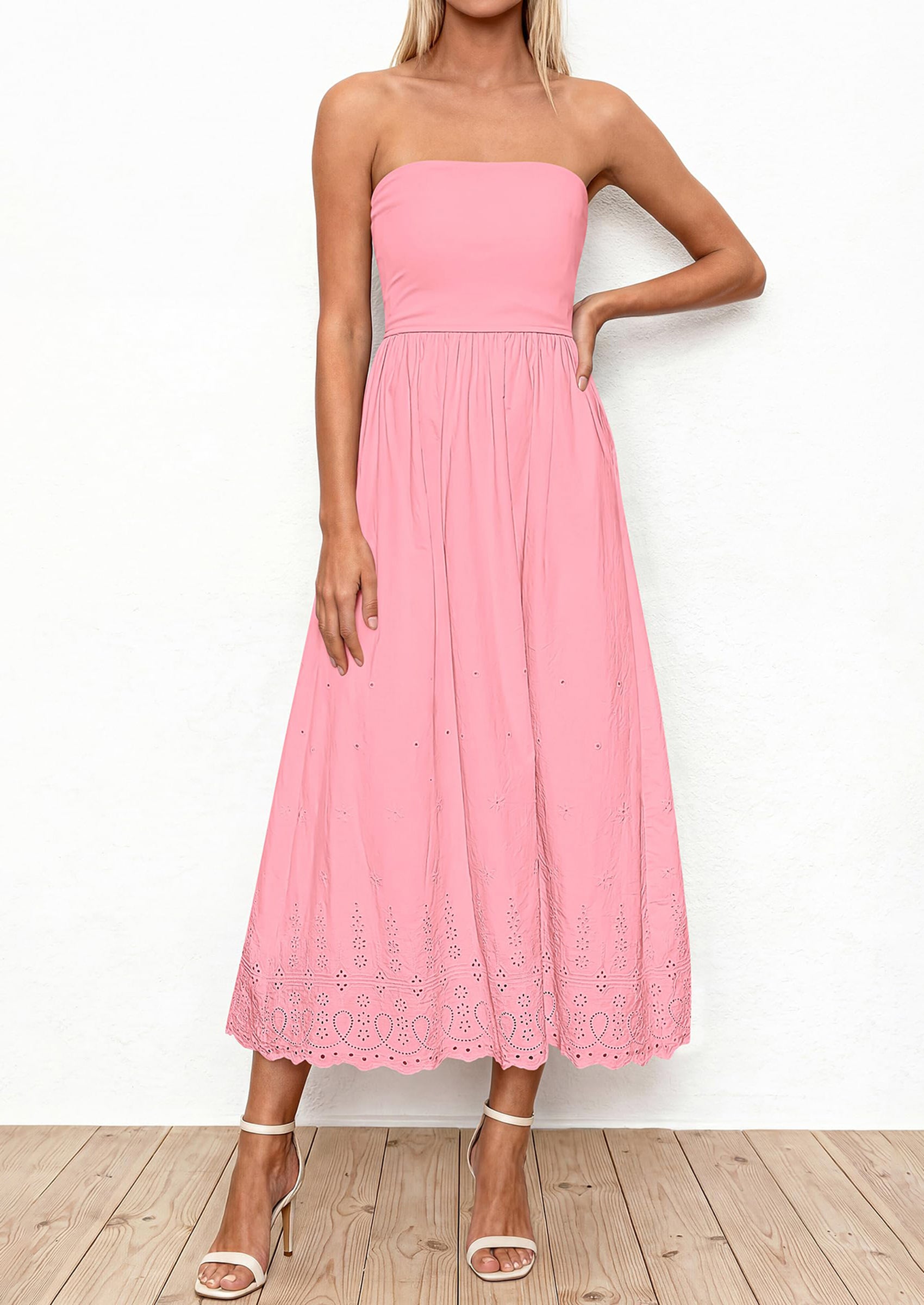 PRETTYGARDEN Womens Summer Dresses Sexy Sleeveless Tube Top Long Dress Eyelet Cotton Maxi Beach Sundress Pockets