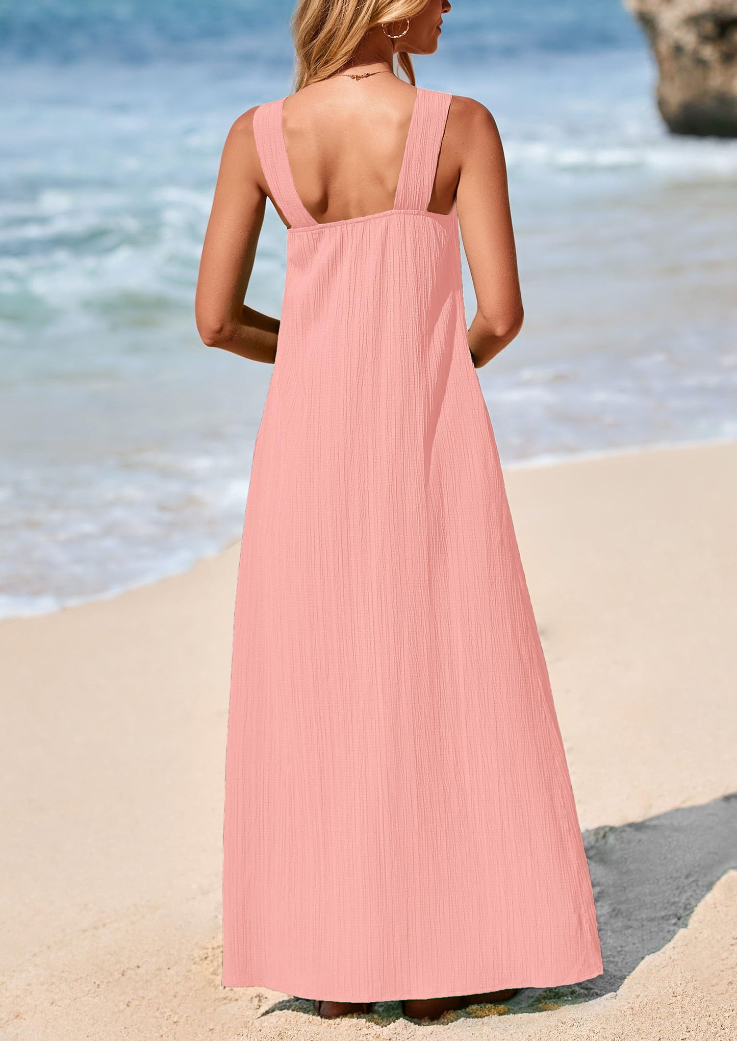 Womens 2025 Casual Long Summer Dresses Sleeveless Strappy Loose Flowy Beach Vacation Maxi Dress with Pockets