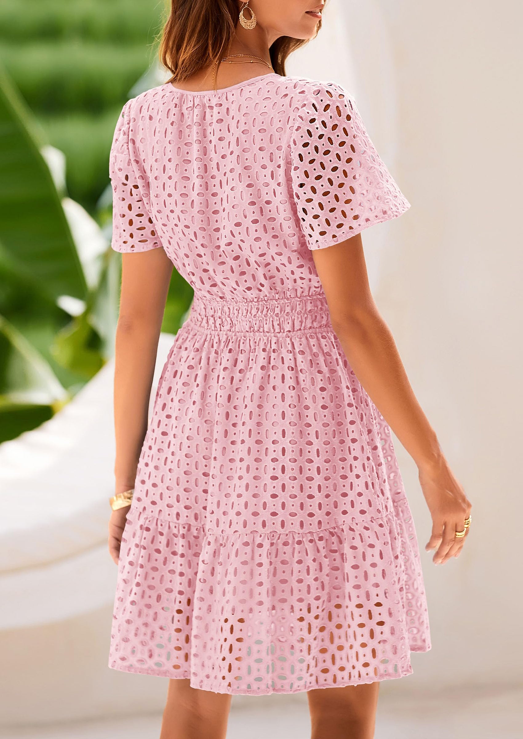 PRETTYGARDEN Women Summer Short Dress V Neck Short Sleeve A Line Hollow Out Lace Ruffle Cute Casual Beach Party Dresses