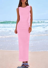 PRETTYGARDEN Women's Summer Maxi Dresses Sleeveless Ruffle Formal Wedding Guest Cocktail Mesh Bodycon Split Long Dress PRETTYGARDEN