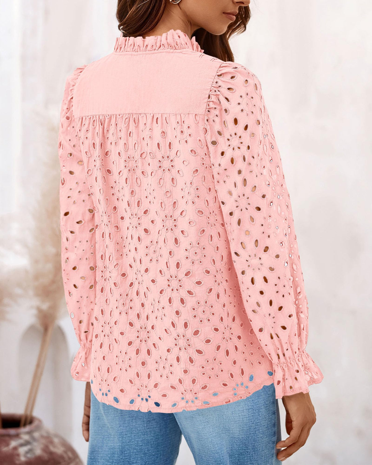 Women's Dressy Casual Blouse Tops Puff Long Sleeve Button V Neck Hollow Out Lace Embroidered Pullover Shirts