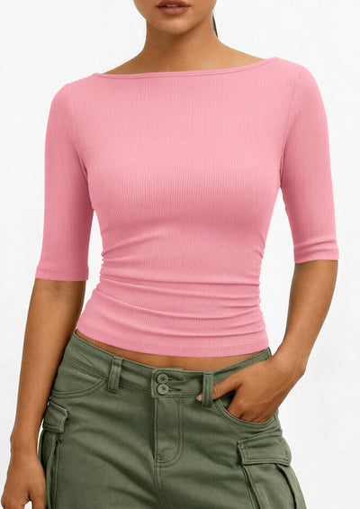 PRETTYGARDEN Womens Summer Short Sleeve Tops Boat Neck Ribbed Knit Slim Fit T Shirt Casual Basic Top Spring Clothes PRETTYGARDEN