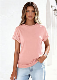 PRETTYGARDEN Womens Summer Tops Spring Casual Rolled Short Sleeve Basic Tees Crew Neck Work Shirts Fashion Clothing PRETTYGARDEN