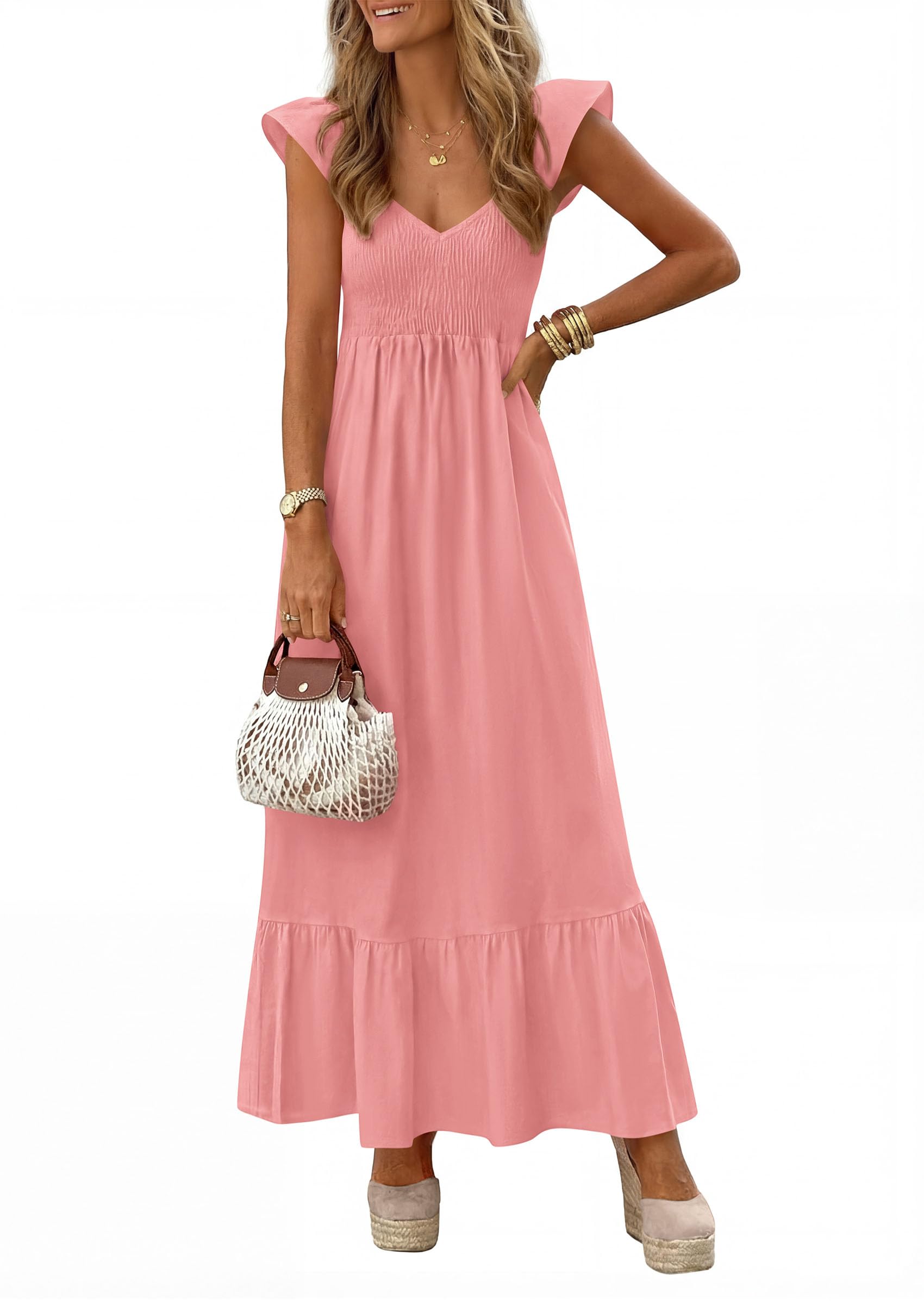 PRETTYGARDEN Women's Summer Casual Maxi Dresses Cap Sleeve V Neck Smocked Long Pockets Party Sundress Vacation Outfits PRETTYGARDEN