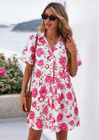 PRETTYGARDEN Womens Summer Dresses Casual Puff Sleeve Button Down Mini Shirt Dress Boho Floral Babydoll Sun Dress
