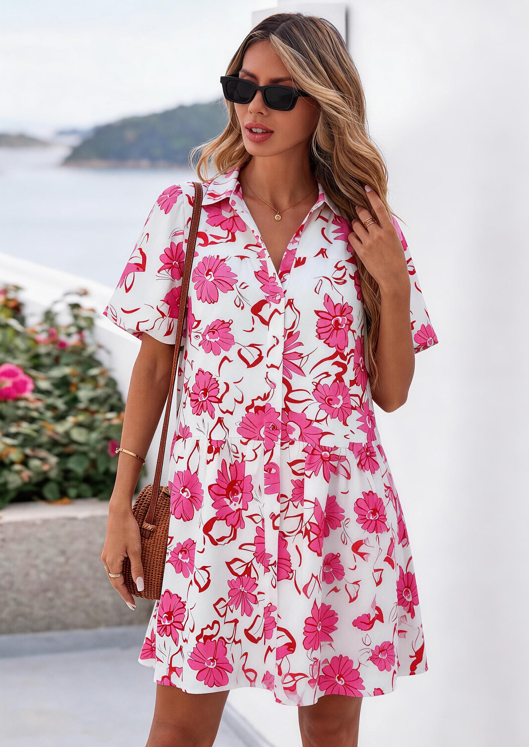 PRETTYGARDEN Womens Summer Dresses Casual Puff Sleeve Button Down Mini Shirt Dress Boho Floral Babydoll Sun Dress