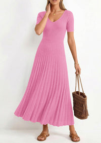 PRETTYGARDEN Women's Spring Midi Sweater Dresses Elegant Pleated Ribbed Knit Short Sleeve V Neck A Line Summer Outfits PRETTYGARDEN