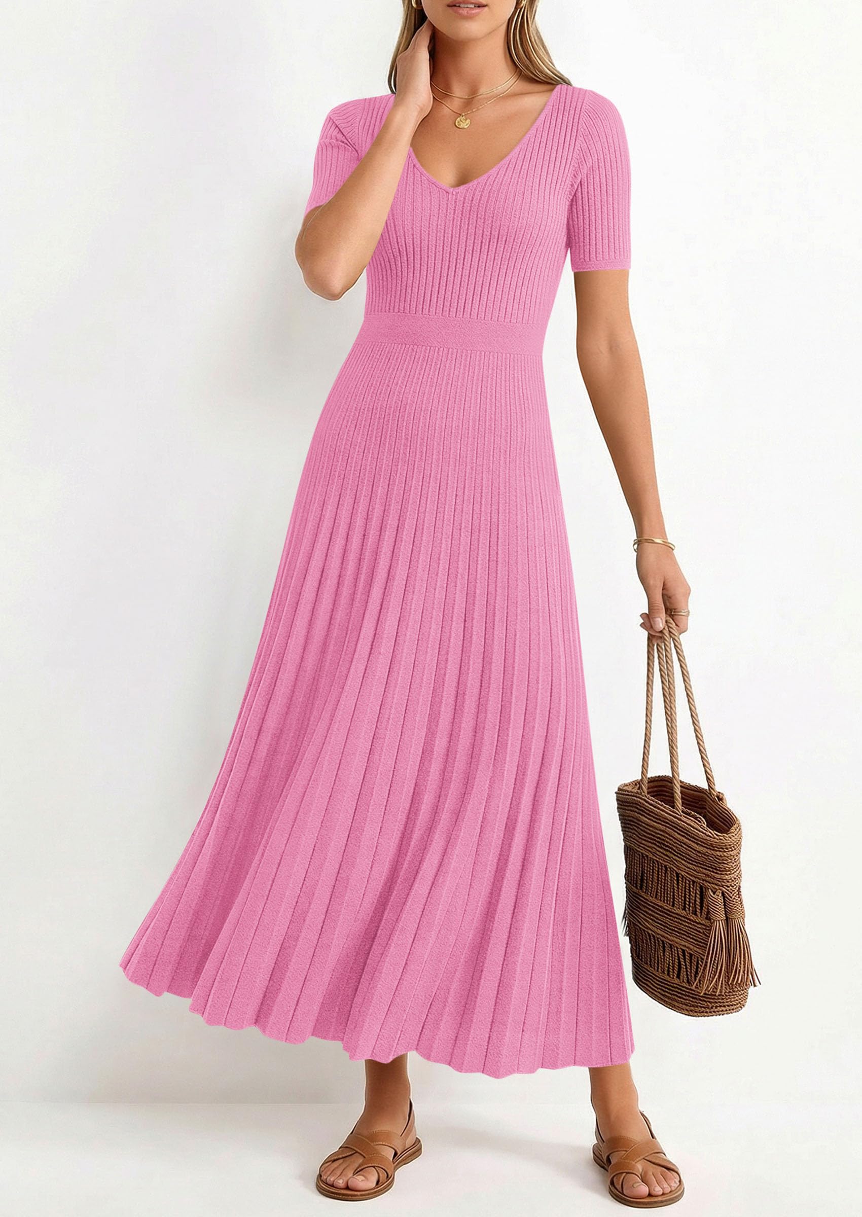 PRETTYGARDEN Women's Spring Midi Sweater Dresses Elegant Pleated Ribbed Knit Short Sleeve V Neck A Line Summer Outfits PRETTYGARDEN