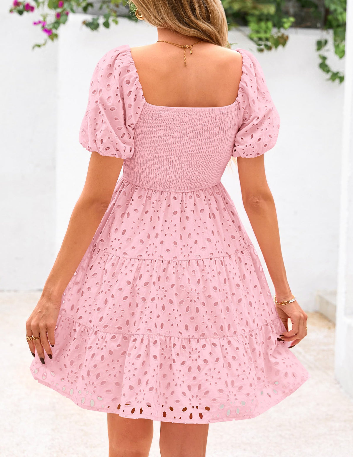 Womens Summer Puff Sleeve Mini Dress Off Shoulder Eyelet Smocked A Line Casual Babydoll Short Dresses