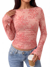 PRETTYGARDEN Women's Bell Sleeve Floral Mesh Crop Tops | Slim Fitted Shirts, Long Sleeve Going Out Top, Ruched Front, Boat Neck, Casual Blouses, Fall Date Night Outfits, Y2K Clothes