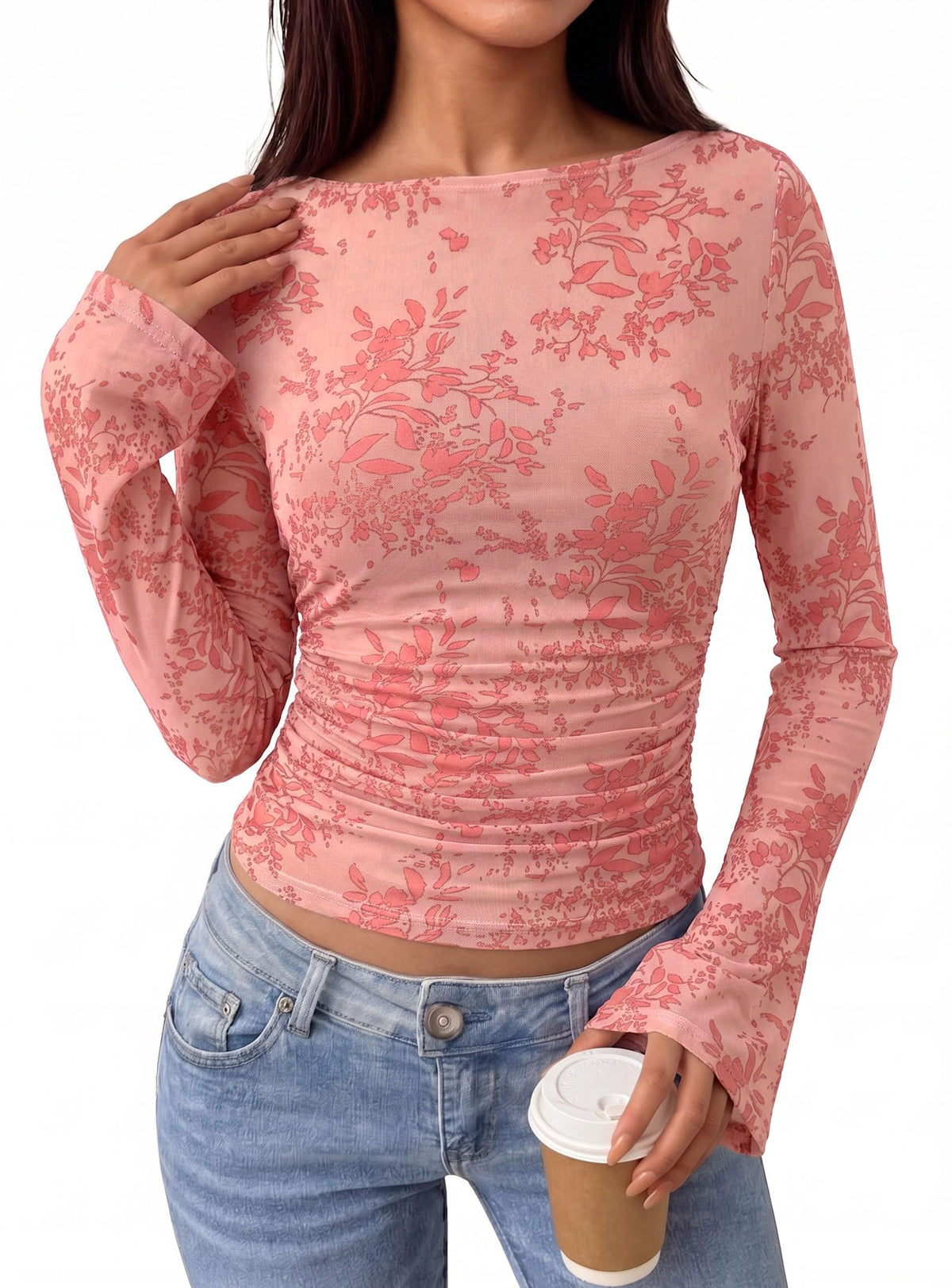 PRETTYGARDEN Women's Bell Sleeve Floral Mesh Crop Tops | Slim Fitted Shirts, Long Sleeve Going Out Top, Ruched Front, Boat Neck, Casual Blouses, Fall Date Night Outfits, Y2K Clothes