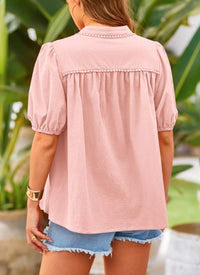 Summer Button Down Short Lantern Sleeve V Neck Cotton Tops