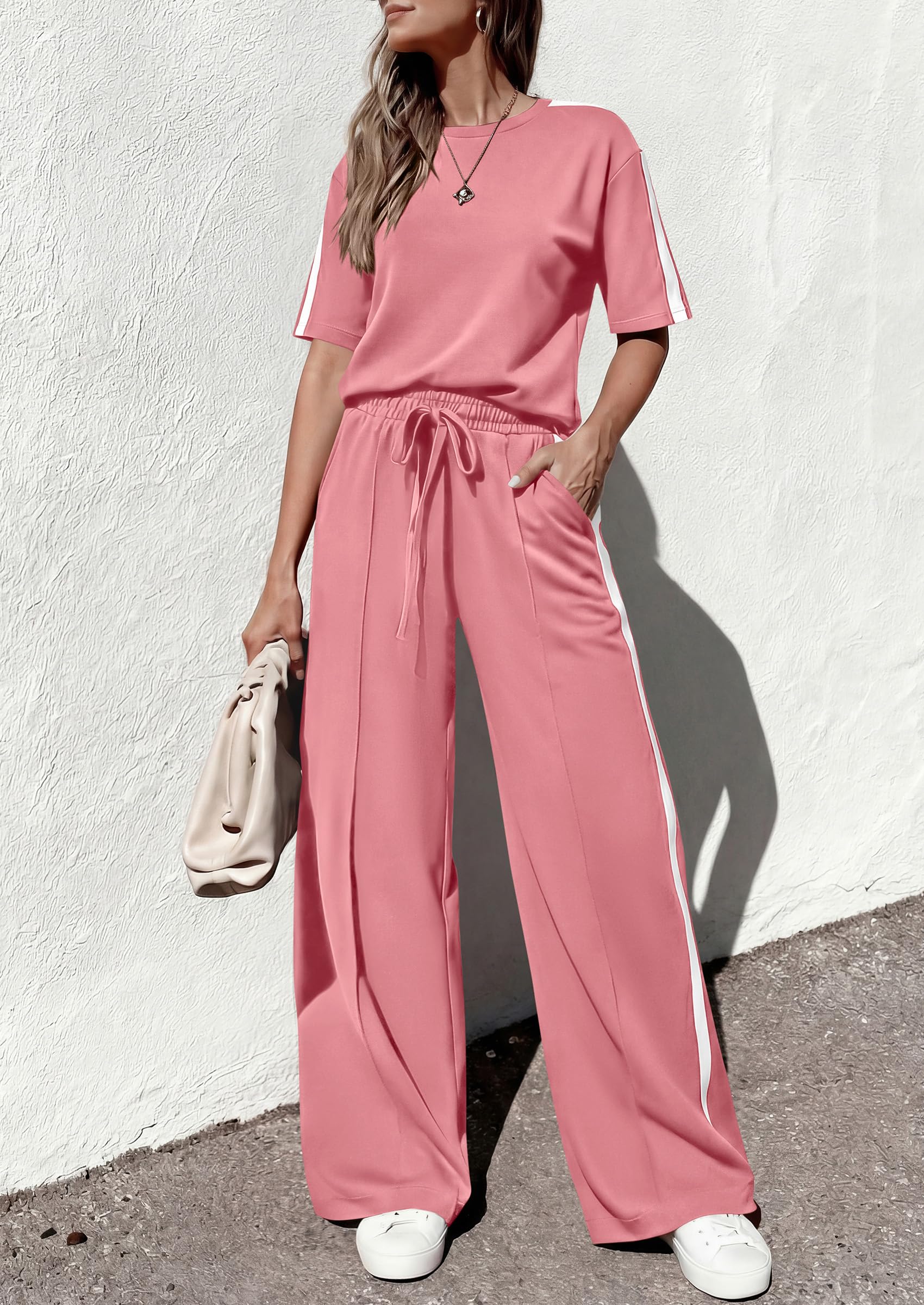 PRETTYGARDEN Women's 2 Piece Sets Summer Casual Short Sleeve Tops Wide Leg Pants Matching Lounge Set Vacation Travel Outfits PRETTYGARDEN