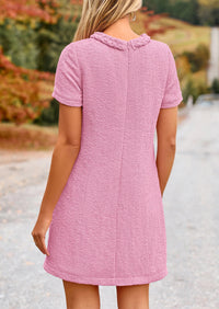 Summer Tweed Crewneck Short Sleeve A Line Mini Short Dress