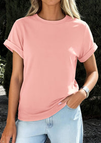 PRETTYGARDEN Womens Summer Tops Spring Casual Rolled Short Sleeve Basic Tees Crew Neck Work Shirts Fashion Clothing PRETTYGARDEN