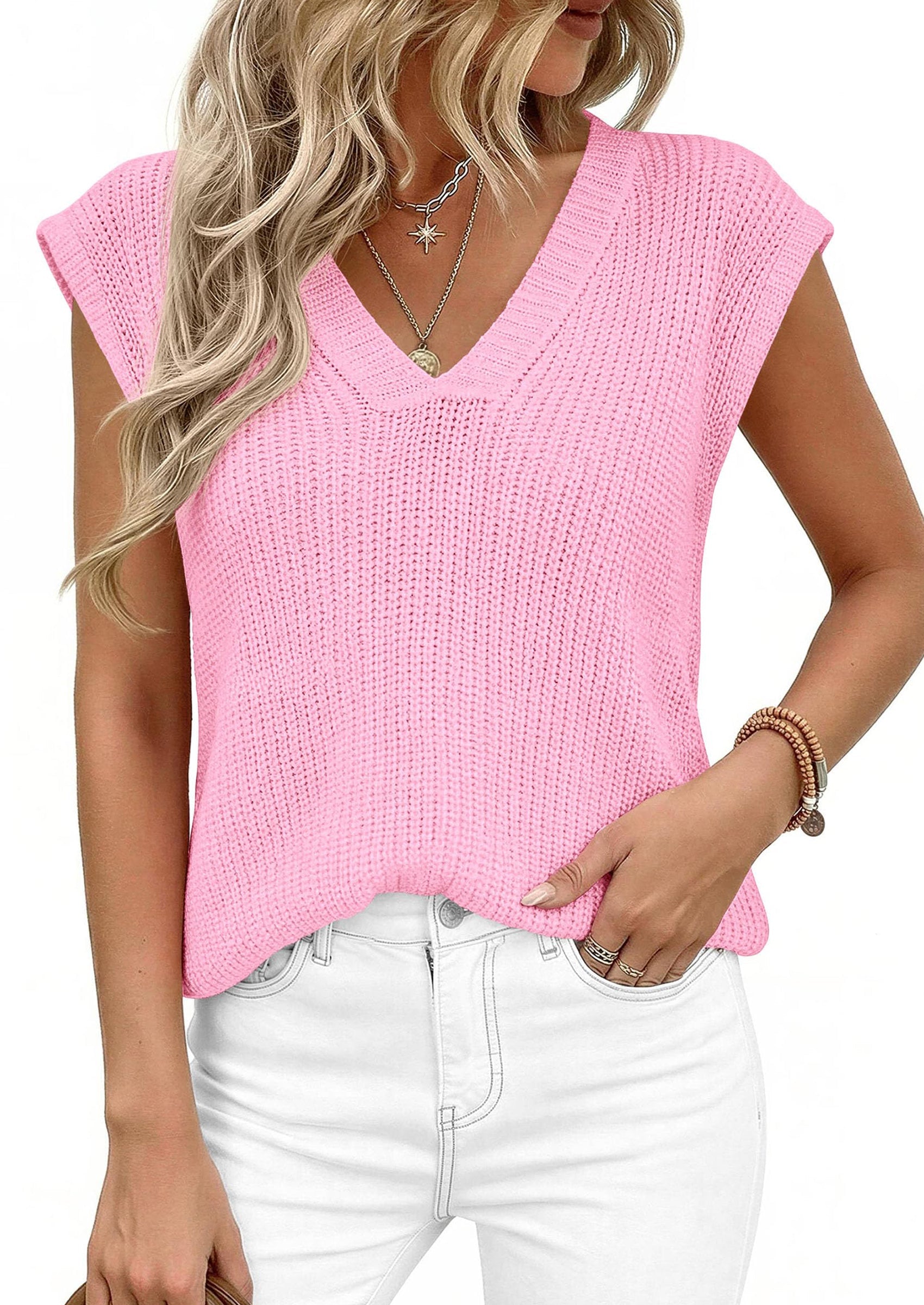 PRETTYGARDEN Women's Lightweight Sweaters Vest Spring Trendy Cap Sleeve V Neck Knit Tank Tops Summer Going Out Outfits PRETTYGARDEN