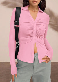 PRETTYGARDEN Womens Button Down Shirts V Neck Collared Ruched Slim Fit Long Sleeve Shirt Casual Fall Fashion Ladies Tops PRETTYGARDEN