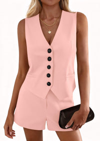 PRETTYGARDEN 2 Piece Sets for Women Spring Fashion Button Vest Tops High Waist Shorts Summer Business Casual Outfits PRETTYGARDEN